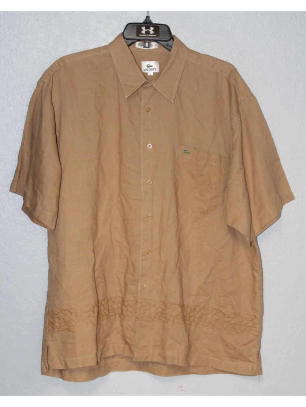 VINTAGE Lacoste Embroidered Button Front Short Sleeve Shirt Men XL Cotton Linen